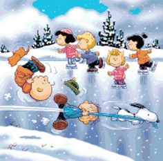 a group of cartoon characters playing in the snow