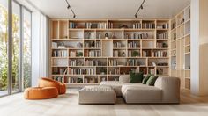 a living room filled with lots of bookshelves next to an orange chair and ottoman