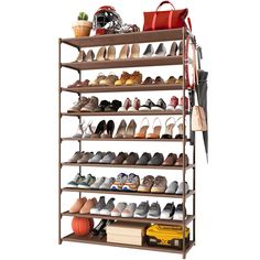 the shoe rack has many pairs of shoes on it