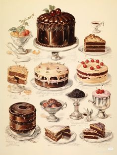 a drawing of cakes and desserts on display in front of a white background with writing