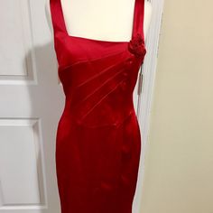 Great For A Wedding Or Evening Affair. Shoulder 12”, Length 39”. 68% Acetate, 28% Nylon, 3% Polyurethane. Elegant Red Sleeveless Satin Dress, Elegant Red Dress With Lined Bodice, Red Satin Evening Dress, Red Fitted Sleeveless Satin Dress, Formal Satin Dress With Ruched Bodice For Spring, Elegant Red Dress With Pleated Bodice, Red Fitted Satin Dress For Prom, Red Silk Satin Dress For Formal Occasions, Formal Fitted Satin Dress With Lined Bodice