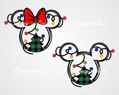 mickey and minnie mouse with christmas tree on their heads, one is wearing a red bow