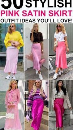 Pink Satin Skirt Outfit Summer, Pink Satin Skirt Outfit, Satin Skirt Outfit Classy, Pink Satin Skirt, Pink Skirt Outfits, Silk Skirt Outfit, Long Silk Skirt, Skirt Outfit Fall, Satin Skirt Outfit