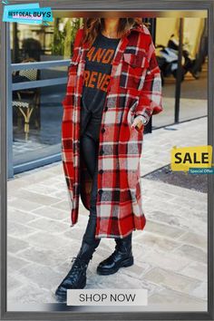 Lengthened Loose Lapel Women's Woolen Plaid Coat Shacket Women, Long Plaid Coat, Plaid Shacket, Loose Clothing, Plaid Sleeve, Winter Vest, Orange Plaid, Plaid Coat, Loose Outfit