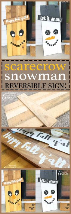 some wooden signs with faces on them and the words scarecrow snowman in different languages