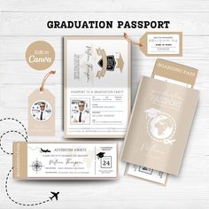 graduation passport and boarding cards with an airplane in the background