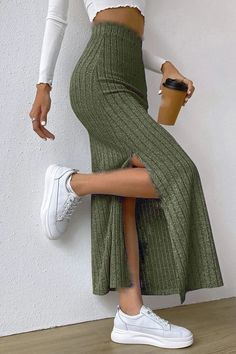 #dresstoimpress Long Split Skirt Outfit, Green Dress Outfit Casual, Army Green Dresses, Simple Skirts, Women Bottoms, Nature Dress, Split Skirt, Party Dress Long Sleeve, Half Skirt