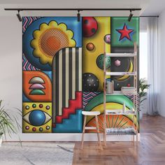 an abstract painting on the wall in a room with wooden floors and ladders next to it