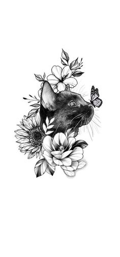 a rat with flowers and butterflies on it's head, in black and white