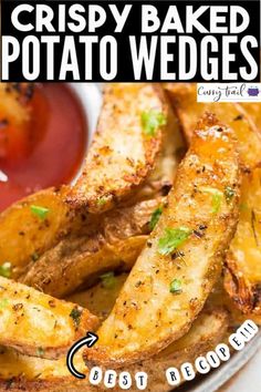 crispy baked potato wedges on a plate with ketchup