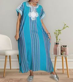 #ad Premium Quality Handmade Moroccan Linen Kaftan Dress with Embroidery Trendy Loungewear for Women, Fashion Dress Long Cotton Dresses For Eid, Casual Cotton Dresses For Eid, Casual Embroidered Dress For Eid, Blue Embroidered Short Sleeve Maxi Dress, Floral Embroidery Cotton Kaftan, Casual Blue Dresses For Eid, Short Sleeve Dress Style Kaftan, Floral Embroidered Maxi Kaftan, Linen Kaftan Dress