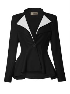 a women's black jacket with white trims on the lapel and collar