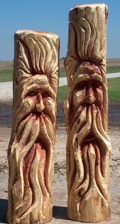 two carved wooden poles sitting on top of a dirt field next to a green grass covered field