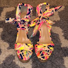 Nwot! They Are Women’s 8. They Have Tie Criss Cross And Then The Ability To Tie A Bow Around The Ankle. So Fun For Summer! Multicolor Casual Heels For Spring, Multicolor Lace-up Platform Heels, Casual Multicolor Lace-up Heels, Animal Coloring, Womens Shoes Wedges, Charlotte Russe, Criss Cross, Black And Brown, Wedges