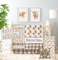 a baby's nursery room is decorated in brown and white with buffalo prints on the walls