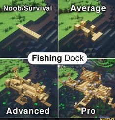 four different views of a fishing dock in minecraft