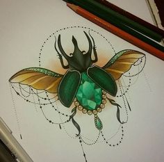 a drawing of a green bug with gold wings and jewels on it's back