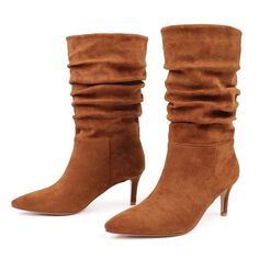 Step up your fashion game with these Designer Style Suede Ruched Mid Calf Boots. The luxurious suede material and ruched detailing provide a stylish and sophisticated look. With a mid-calf height, these boots are perfect for any occasion and will elevate any outfit. Product details Sole material: Rubber Shaft height: Calf High Centimeters Shaft circumference: 38 Centimeters Outer material: Faux Suede Chocolate Boots, Heels Comfortable, Womens Low Heels, Low Heel Boots, Slouchy Boots, Boot Accessories, Suede Material, Calf Boots, Heel Boots