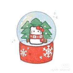 a drawing of a snow globe with a hello kitty in it's hat and trees inside