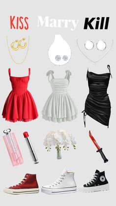 a bunch of different types of clothes and accessories on a white background with the words kiss marry kill