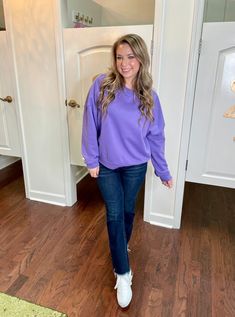 Stay cozy and stylish with the Fiby Sweatshirt. With its oversized fit and playful purple hue, this crewneck sweatshirt is perfect for adding a pop of color to your wardrobe. Made from a comfortable blend of 80% cotton and 20% polyester, it's the ultimate combination of fashion and comfort. Sizing: runs true to size; size chart included in the photos Purple Cotton Sweater With Ribbed Cuffs, Lavender Crew Neck Sweater For Fall, Casual Lavender Sweater For Fall, Purple Crew Neck Sweatshirt For Spring, Spring Purple Crew Neck Sweatshirt, Purple Sweater With Ribbed Cuffs, Cozy Purple Sweatshirt For Winter, Casual Purple Sweatshirt For Winter, Purple Sweater With Relaxed Fit And Ribbed Cuffs