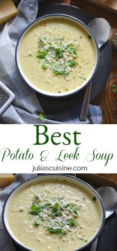 two bowls of potato and leek soup on top of a table with spoons