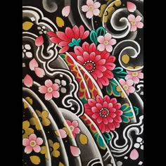 an artistic painting with flowers and swirls on black background, done in acrylic paint