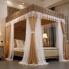 a canopy bed with curtains and pillows on top of it, in a large room