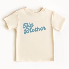 These adorable Big Brother shirts are the perfect way to celebrate the arrival of new sibling.  It is also the fun way to do a pregnancy reveal when there's an older sibling.  Comes in sizes from bodysuits up to adult sizing.   FIT:  These classic unisex jersey short sleeve tees (Bella Canvas) fit like a well-loved favorite. Soft cotton and quality print make for the perfect tee.  The shoulders are tapered for a better fit over time.  The baby bodysuits are made by Rabbit Skins and are also extr Cute T-shirt With Name Print For Gender Reveal, Gender Reveal Graphic Tee With Funny Text, Cute Father's Day Shirt With Crew Neck, Cute Crew Neck Shirt For Father's Day, Cotton Graphic Tee For Gender Reveal, Family Matching Cotton Shirt For Gender Reveal, Personalized Short Sleeve Tops For Father's Day, Short Sleeve Tops For Gender Reveal With Funny Text, Short Sleeve Tops With Funny Text For Gender Reveal