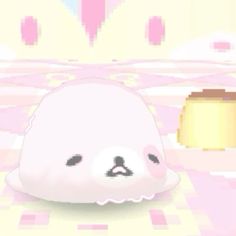 a white stuffed animal sitting on top of a pink and yellow checkered table cloth