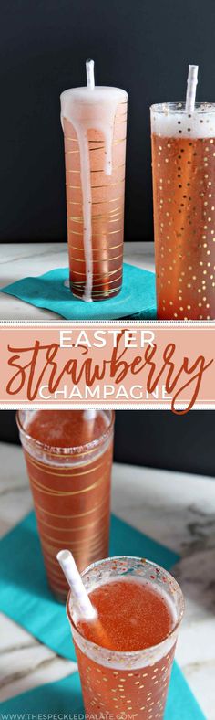 two glasses filled with liquid and strawberries on top of a blue place mat next to each other