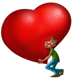 a man carrying a giant heart on his back with both hands and smiling at the viewer