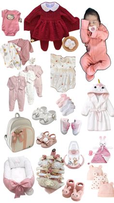 a collection of baby items including shoes, blankets and booties are shown in this image