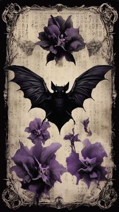 a bat with wings and flowers in front of an old sheet of paper that has writing on it