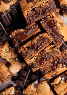 chocolate chip cookie bars stacked on top of each other