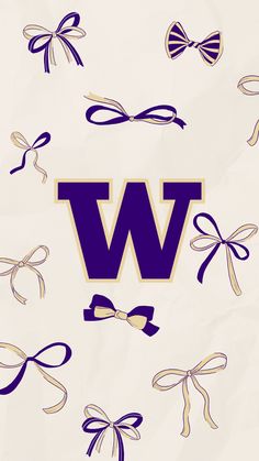 the letter w is surrounded by purple and gold bow tie bows on a white background