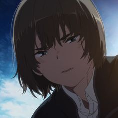 an anime character is staring at the camera with his head tilted to the side, in front of a blue sky and clouds