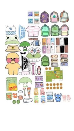 a bunch of stickers that are on top of a white surface with different items