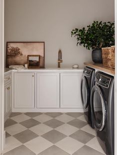 a washer and dryer sitting in a room next to a potted plant