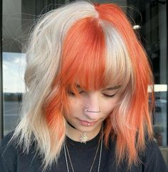 Checker Hair Dye, 4 Split Dyed Hair, Fall Vivid Hair Color Short Hair, Color Block Hair Short, Block Hair Coloring, Fun Hair Color Ideas For Summer, Bright Hair Colors Short, Split Dyed Hair Short, Blonde Orange Hair