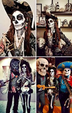 four pictures of skeletons dressed in costumes and playing instruments, one with a guitar the other with a hat