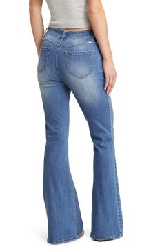 Kicky stretch-denim flares add leg-lengthening style to everyday looks. 34" inseam; 23" leg opening; 9" front rise; 14 1/2" back rise Zip fly with button closure Front scoop pockets; back patch pockets 56% cotton, 24% rayon, 19% polyester, 1% spandex Machine wash, tumble dry Imported BP. Medium Wash Flared Hem Jeans For Spring, Spring Medium Wash Flared Hem Jeans, Spring Denim Flare Jeans With Flared Hem, Spring Flare Jeans With Flared Hem, Casual Medium Wash Flare Jeans With Flared Hem, Casual Medium Wash Jeans With Flared Hem, Casual Dark Wash Flared Hem Bottoms, Casual Medium Wash Flare Jeans, Non-stretch Medium Wash Flare Jeans