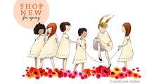 four girls in white dresses are walking down the street with red flowers on the ground