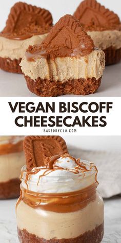 vegan biscoff cheesecakes with peanut butter and whipped cream on top