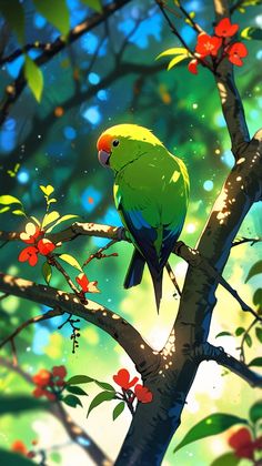 a green parrot sitting on top of a tree branch next to red and yellow flowers