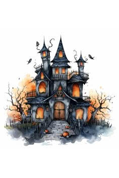 Halloween Haunted House Clipart Halloween Scenery Art, Haunted House Ideas Drawing, Haunted House Painting Ideas, Cute Haunted House Drawing, Watercolor Haunted House, Halloween Scene Painting, Haunted House Design, Halloween Haunted House Drawing, Halloween Artwork Drawing