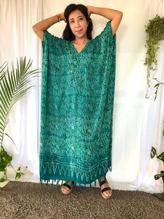 Teal Green Long Kaftan Dress Fringe Rayon Caftan Maxi Dress | Etsy Green Batik Print Kaftan For Summer, Green Batik Print Maxi Dress For Beach, Green Maxi Length Kaftan For Festivals, Green Summer Kaftan With Batik Print, Green Batik Print Kaftan For Beach, Green Festival Dress With Batik Print, Green Long Sleeve Kaftan For Festival, Summer Green Batik Print Kaftan, Green Batik Print Dress For Festival