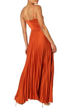 Allover pleats lend graceful movement to this elegant evening-out gown designed with a perfectly draped skirt. Hidden back-zip closure V-neck Adjustable straps Partially lined 100% polyester Hand wash, dry flat Imported Glitter Prom Dresses, Cami Maxi Dress, Sunset Orange, Size 10 Models, Elegant Maxi Dress, Short Summer Dresses, Sequin Prom Dresses, Prom Dress Shopping, Usa Dresses