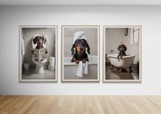 three pictures of dogs in bathroom with towels on their heads