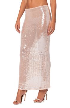 Glamorous Maxi Skirt For Spring Night Out, Glamorous Long Skirt For Summer, Glamorous Sequined Skirt For Prom, Glamorous Maxi Skirt For Party Season, Glamorous Maxi Skirt For Party, Glamorous Maxi Length Party Skirt, Glamorous Full Length Skirt For Night Out, Long Party Skirt With Sequins, Glamorous Maxi Skirt For Night Out